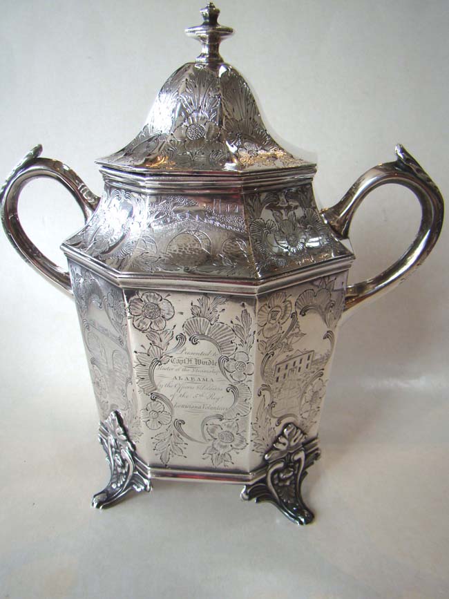 An important silver cup presented in 1846 to the Capt. of the Steamship ALABAMA by the Officers & Soldiers of the 5th Regiment Louisiana Volunteers who were returning home after fighting in the Mexican War. 